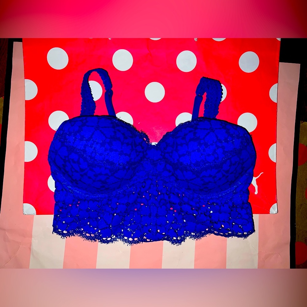 VS PINK SIZE SMALL ROYAL BLUE LACE PUSH-UP BRALETTE.